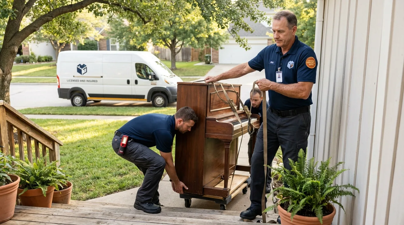 Licensed piano movers securing grand piano in Anaheim, CA