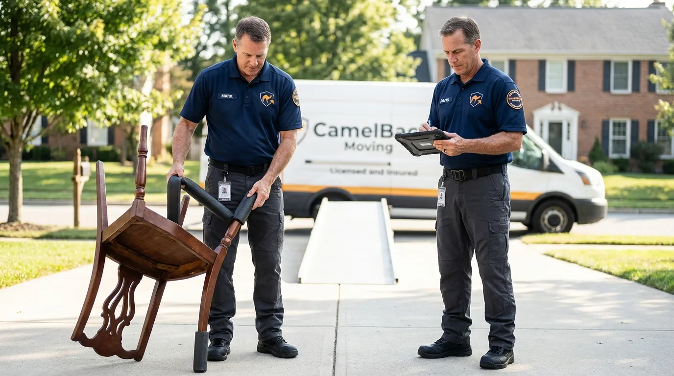 Movers inspecting furniture for damage prevention before loading in Anaheim, CA