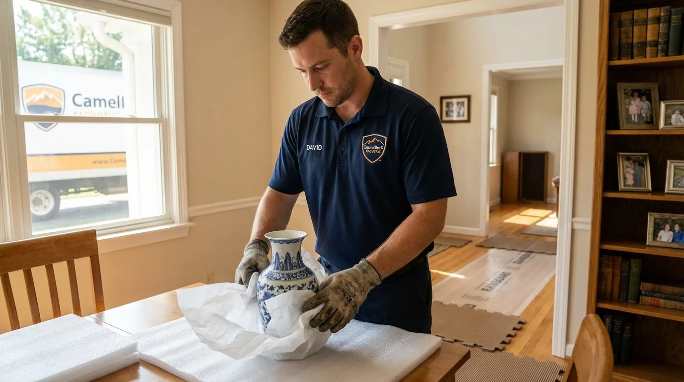 Professional crew carefully wrapping antique vase for senior downsizing move in Anaheim, CA